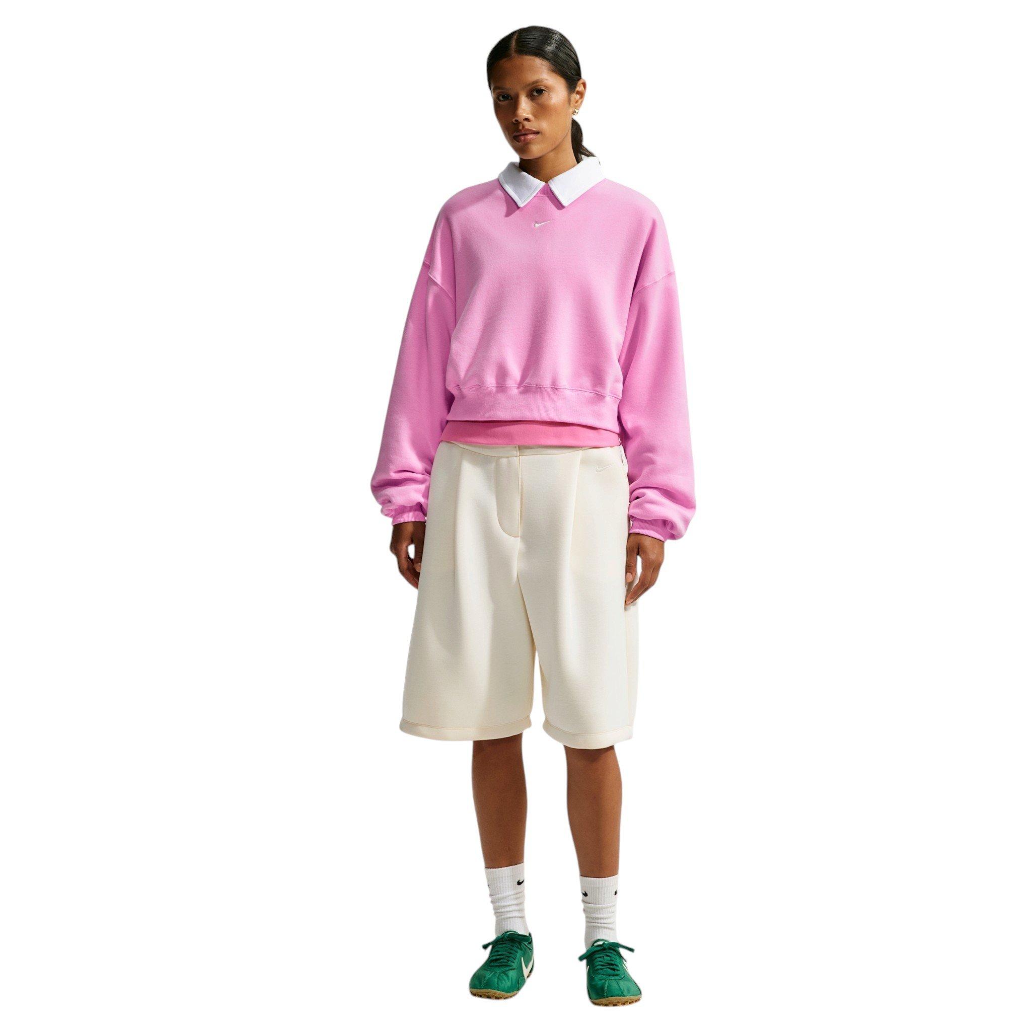 Nike Women's Studio Fleece Lightweight "French Terry" Oversized Cropped Pleated Crewneck - Pink - PINK
